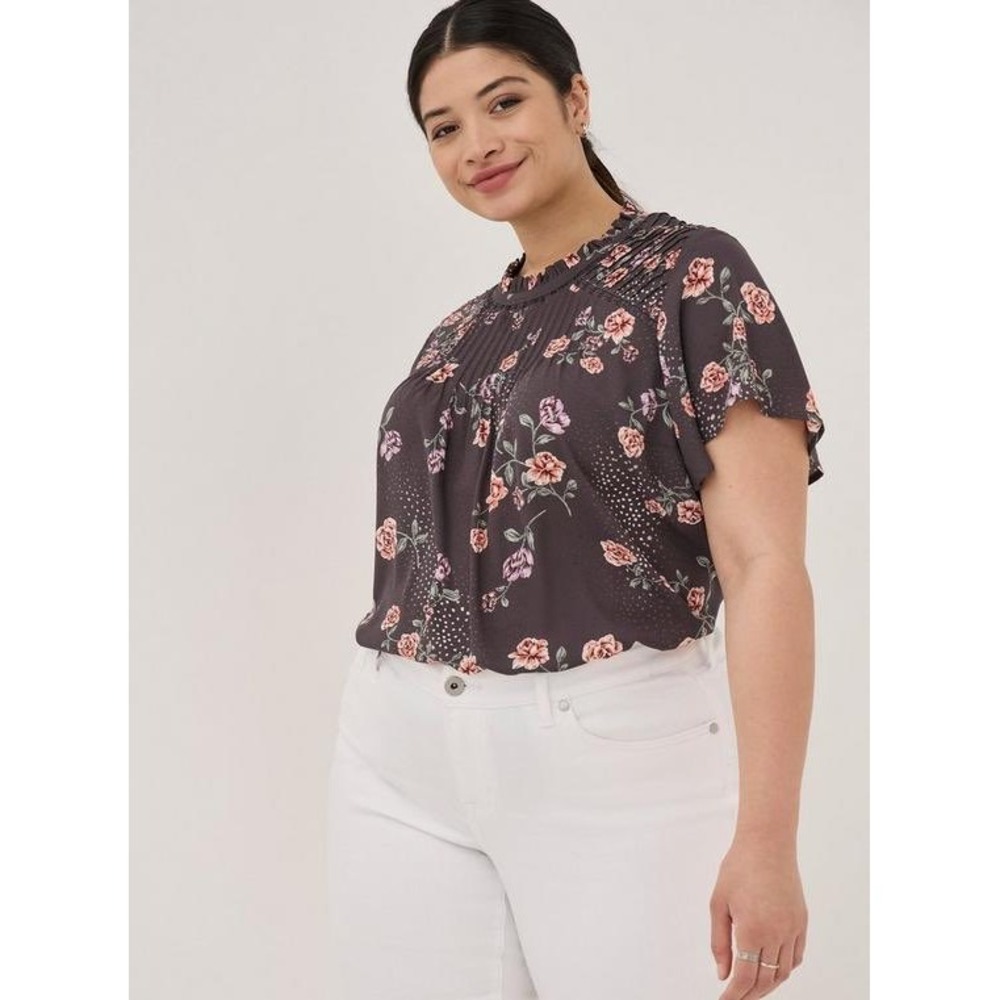 Torrid Plus Size Dark Gray Floral Georgette Lace Inset Blouse, Size 3/3X